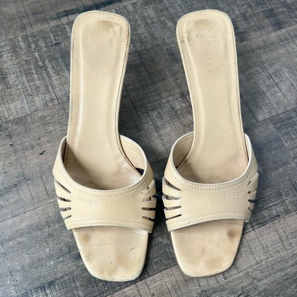 GUCCI TAN LEATHER KITTEN HIGH HEEL MULES SLIDE SANDALS SIZE 9 - Picture 2 of 7